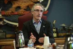 North Dakota Gov. Doug Burgum makes a comment to 119th Wing leaders during an informational briefing at the North Dakota Air National guard Base, Fargo, N.D., May 30, 2017. (U.S. Air National Guard Photo by Senior Master Sgt. David H. Lipp/Released)