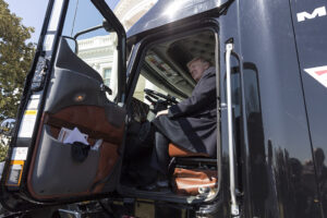 President Donald Trump sits in the driver’s seat of a semi-truck as he welcomes truckers and CEOs to the White House, Thursday, March 23, 2017, to discuss healthcare. (Official White House Photo by Benjamin Applebaum)